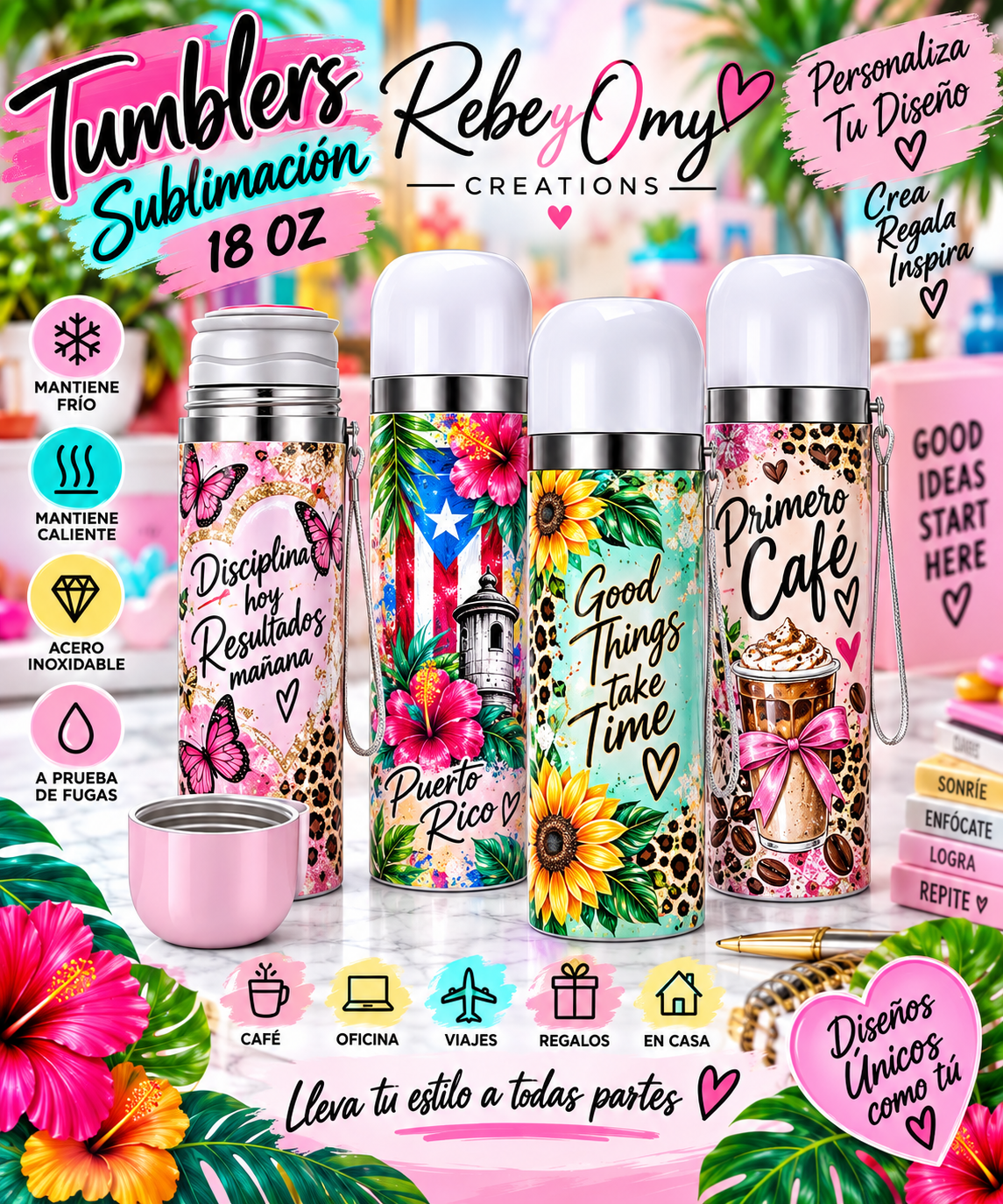 Tumbler Tipo Termo Personalizable 18 oz – Acero Inoxidable con Tapa 💕✨
