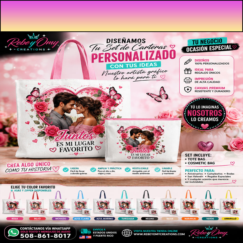 Diseñamos Tu Set de Carteras Personalizado | Tote Bag & Cosmetic Bag a Tu Gusto | Diseño Exclusivo Rebe y Omy Creations