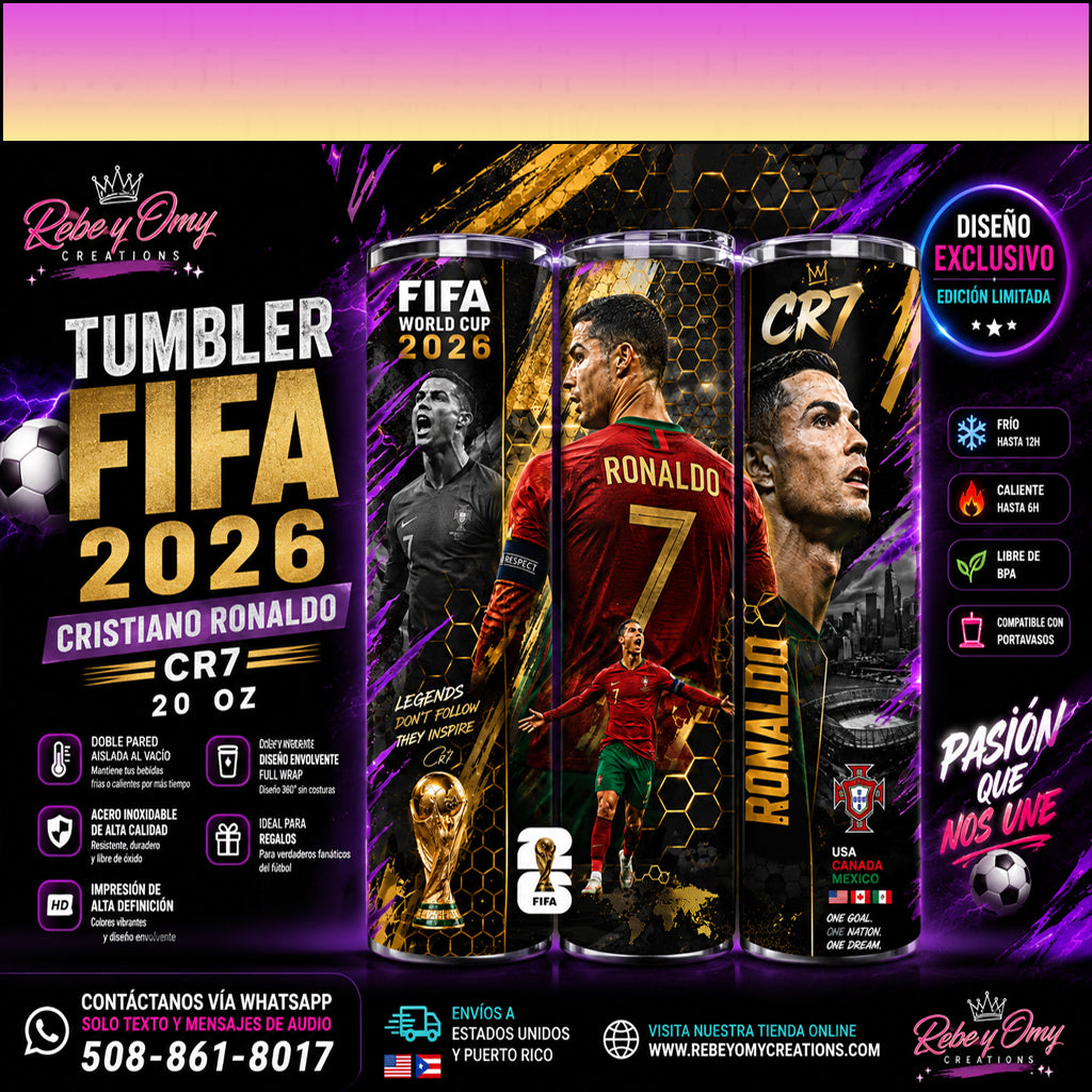 Tumbler FIFA 2026 Cristiano Ronaldo CR7 – 20 Oz | Diseño Exclusivo para Fanáticos del Fútbol
