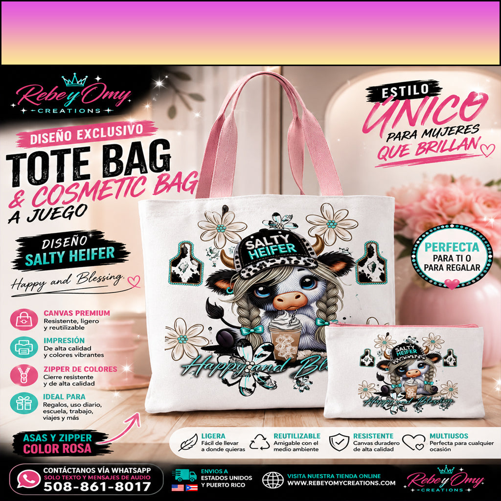 Tote Bag & Cosmetic Bag Salty Heifer™ | Set Personalizado con Asa Rosa | Diseño Exclusivo Rebe y Omy Creations