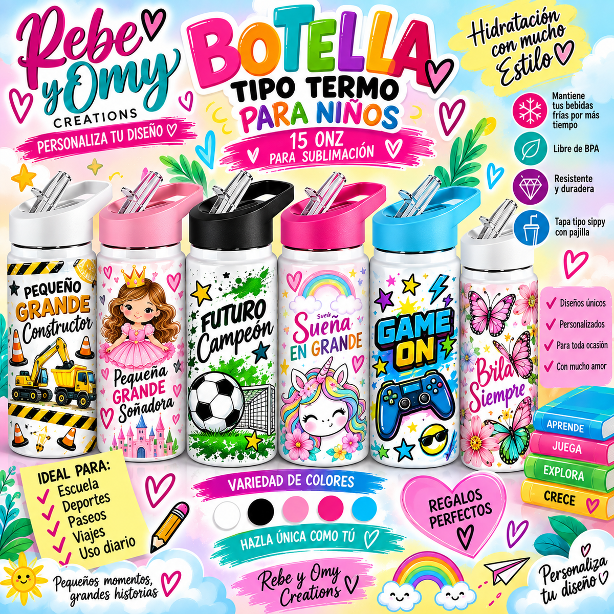 Botella Tipo Termo para Niños 15 oz – Personalizable para Sublimación 💕🌈