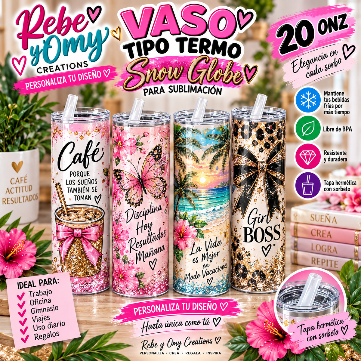 Vaso Tipo Termo Snow Globe 20 oz – Personalizable para Sublimación ✨💖