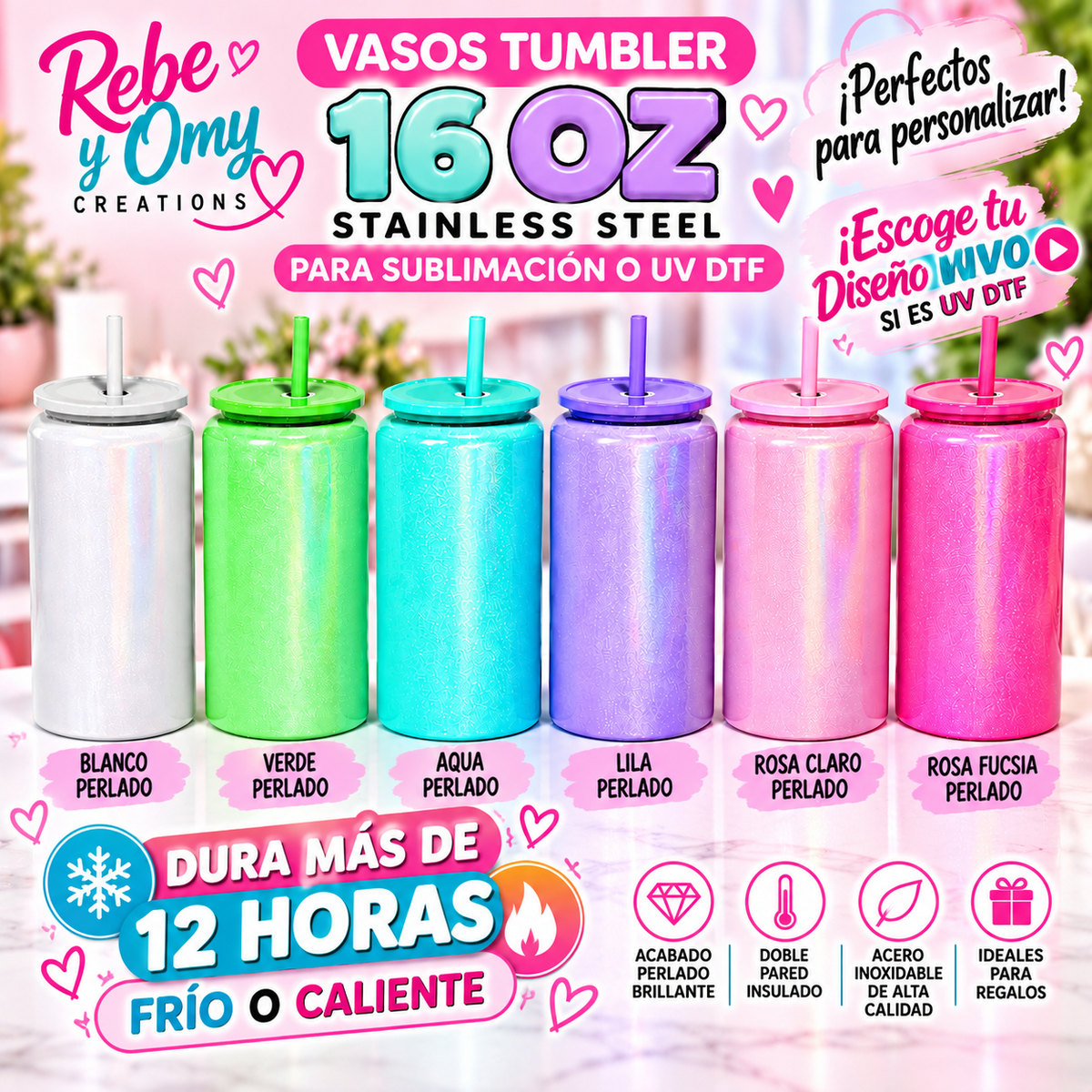 Vaso Tumbler Personalizado 16 oz | Acero Inoxidable | Sublimación o UV DTF