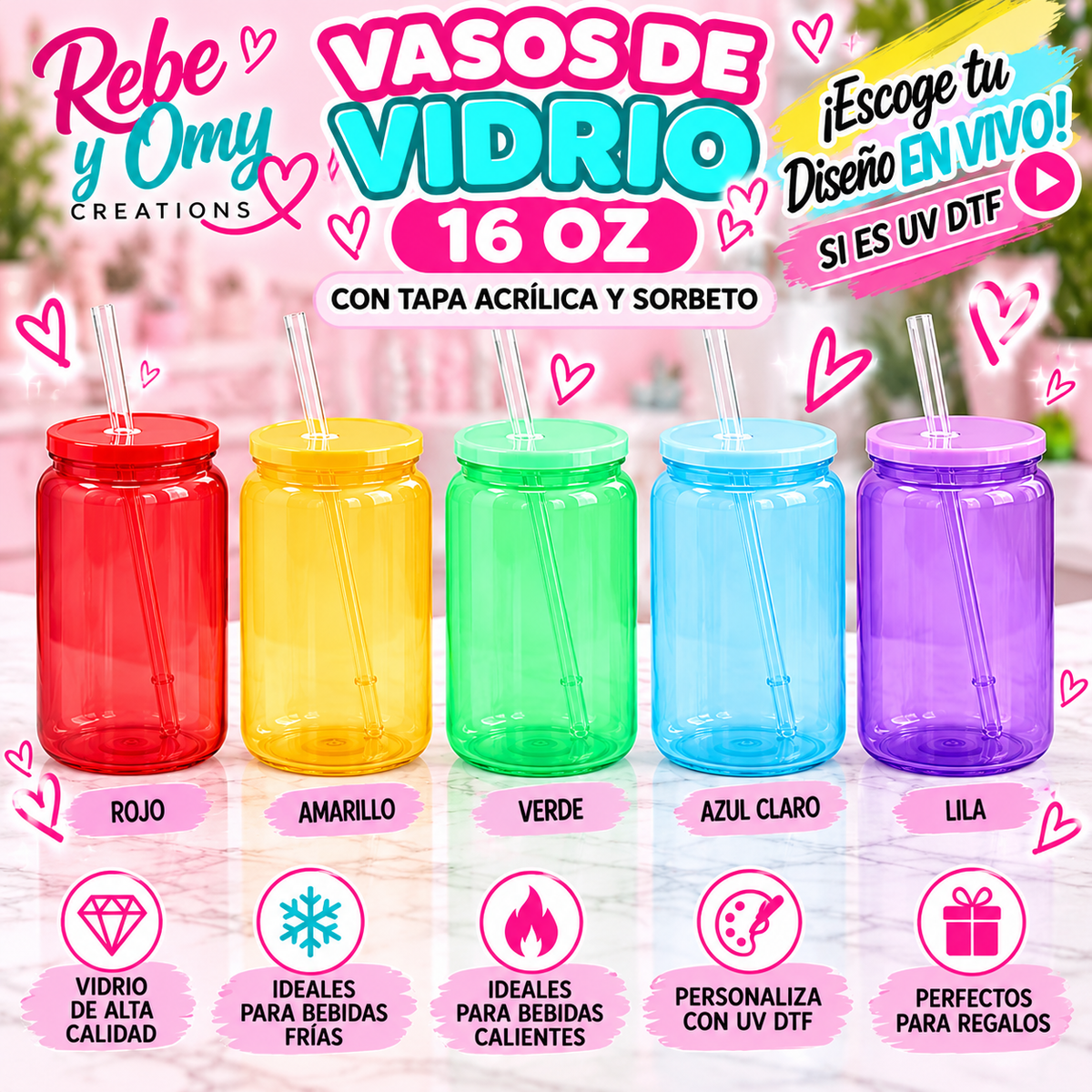 Vaso de Vidrio Personalizado 16 oz con Tapa y Sorbeto | UV DTF 💕