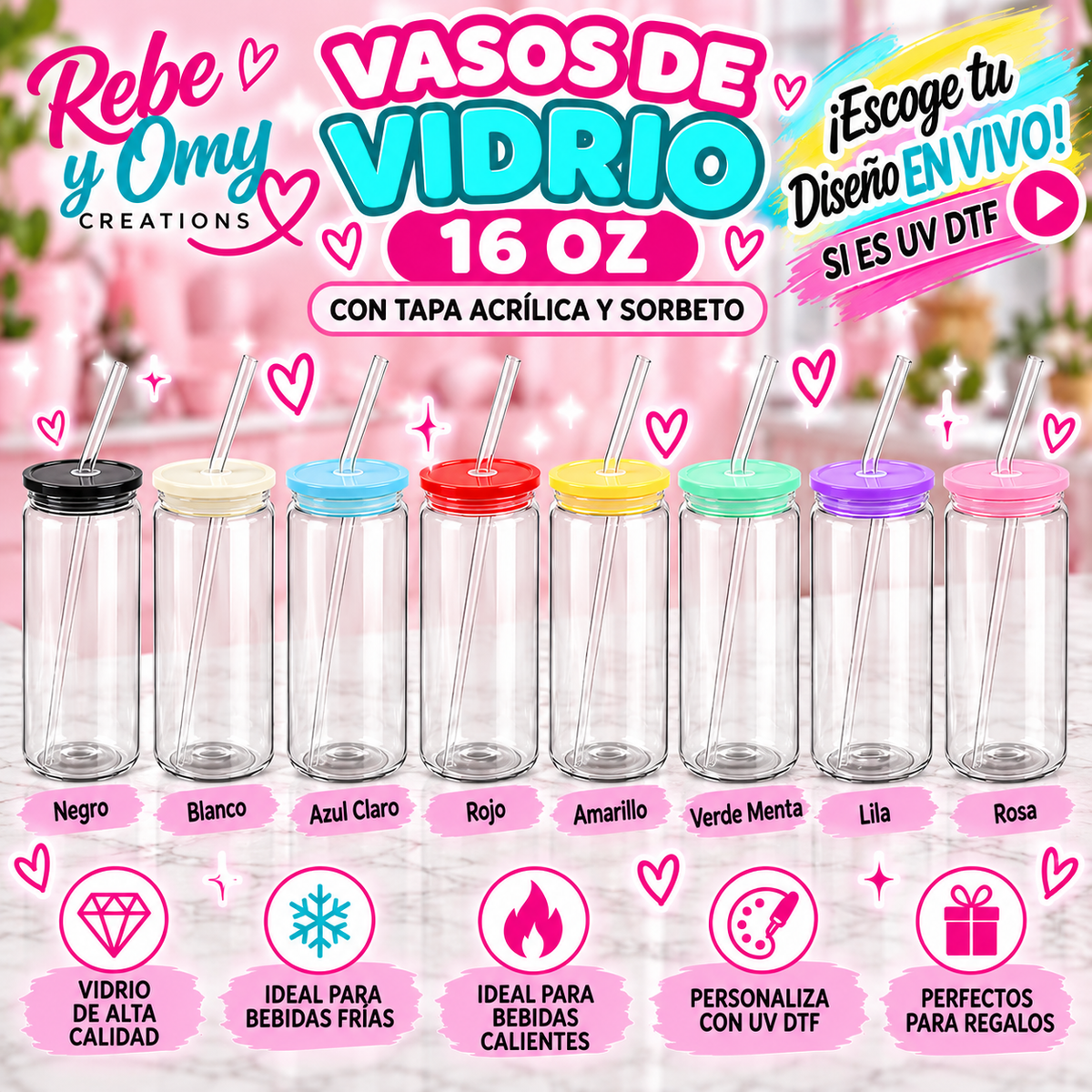Vaso de Vidrio Personalizado 16 oz con Tapa de Color y Sorbeto | UV DTF 💕
