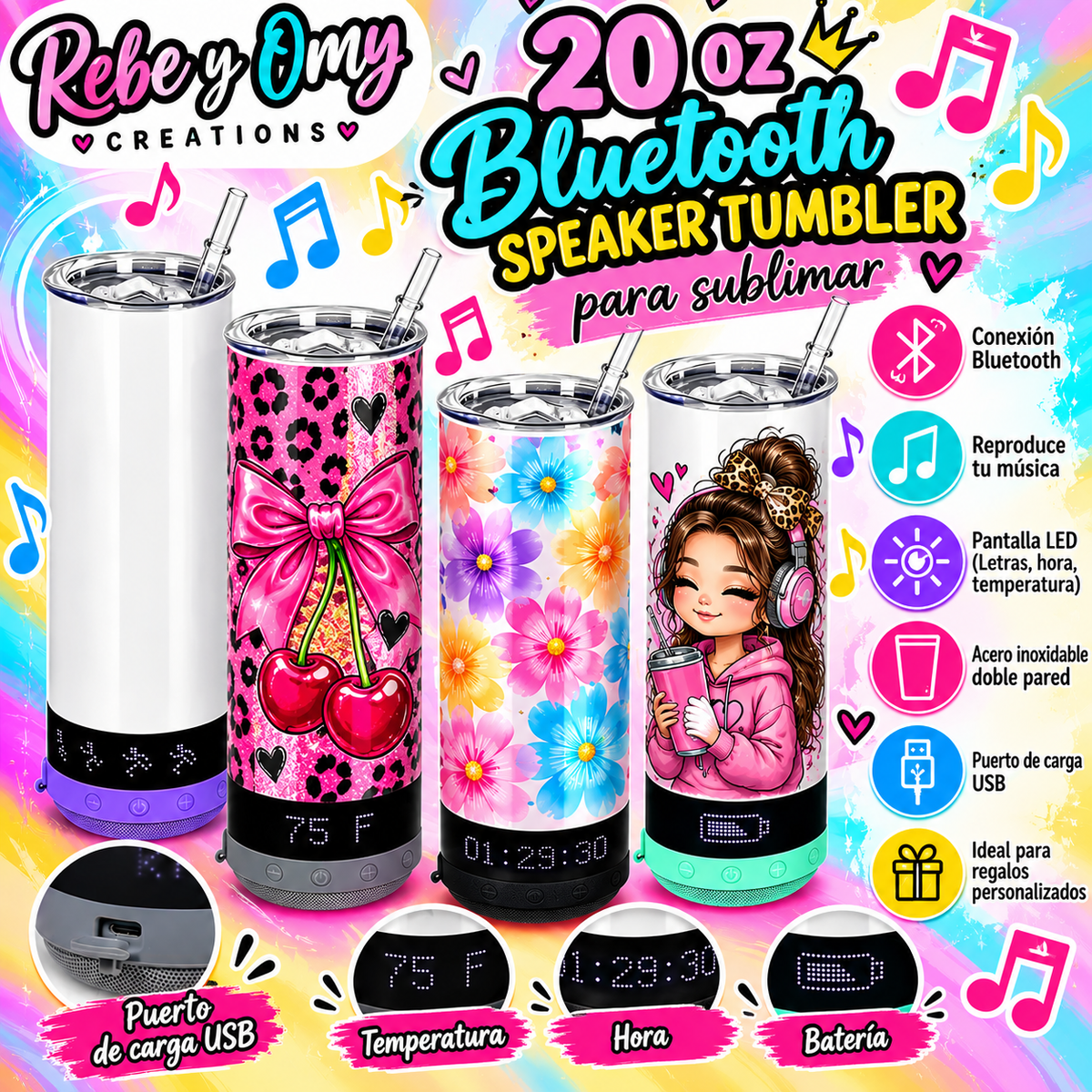 Vaso Térmico de 20 oz con Bocina Bluetooth y Pantalla LED – Personalizable por Sublimación 🎶