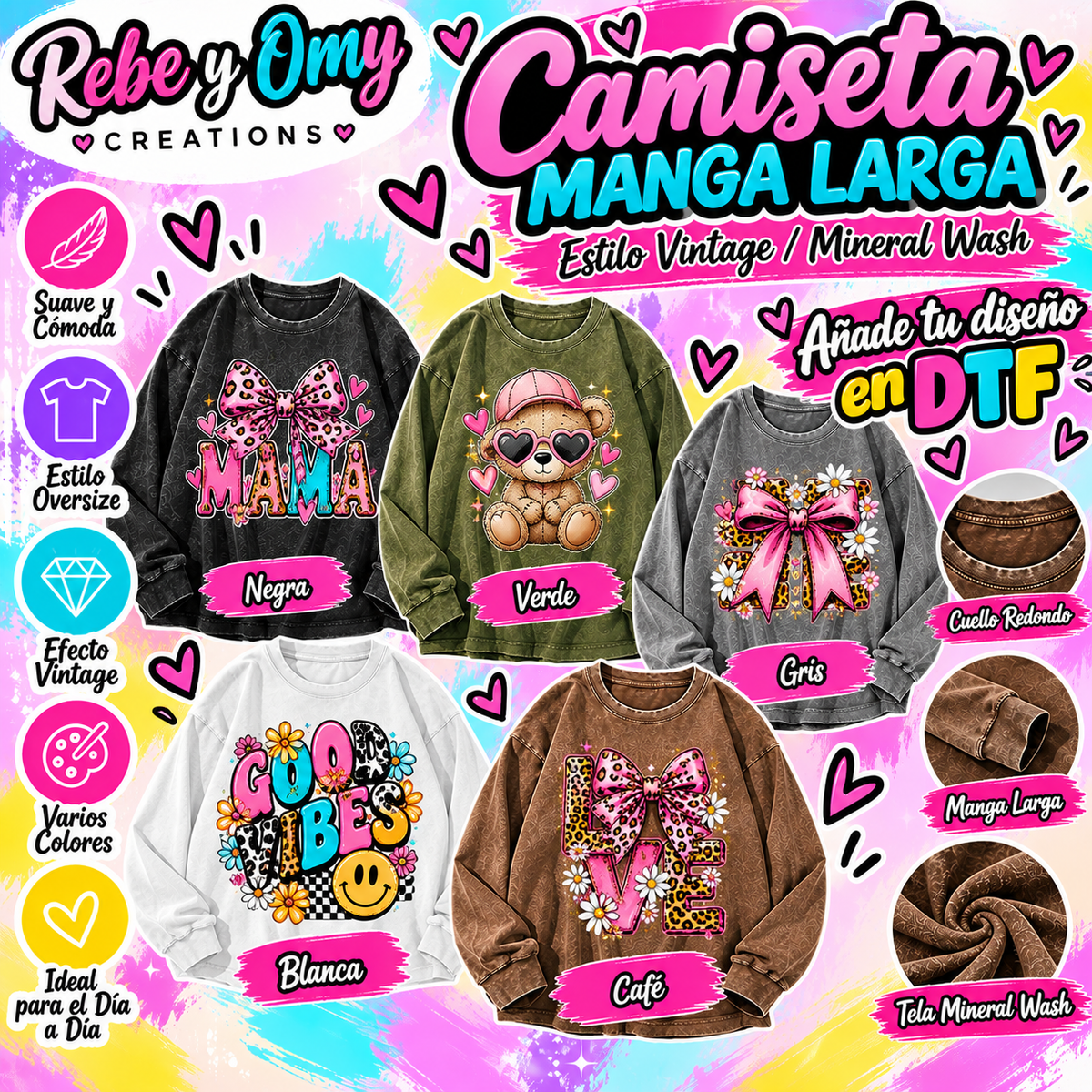 Camiseta Oversize de Manga Larga – Estilo Vintage Mineral Wash | Personalízala con tu Diseño en DTF 💕✨