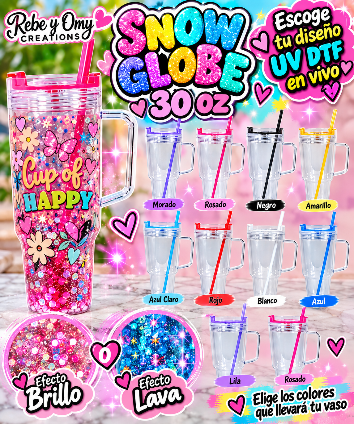 Snow Globe Personalizado 30 oz – Escoge tu Diseño UV DTF en Vivo | Efecto Brillo o Lava