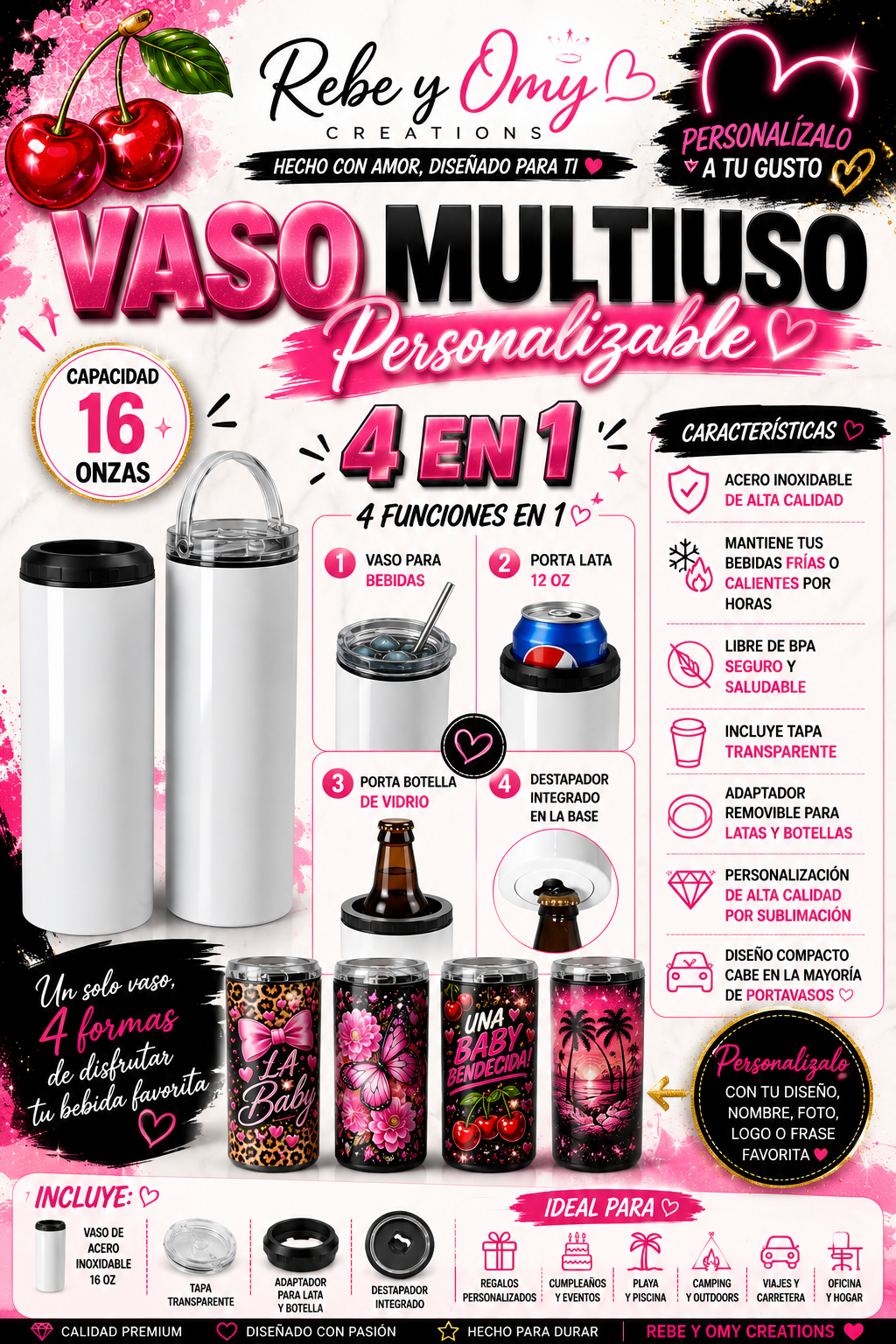 Vaso Multiuso Personalizable 4 en 1 – 16 oz