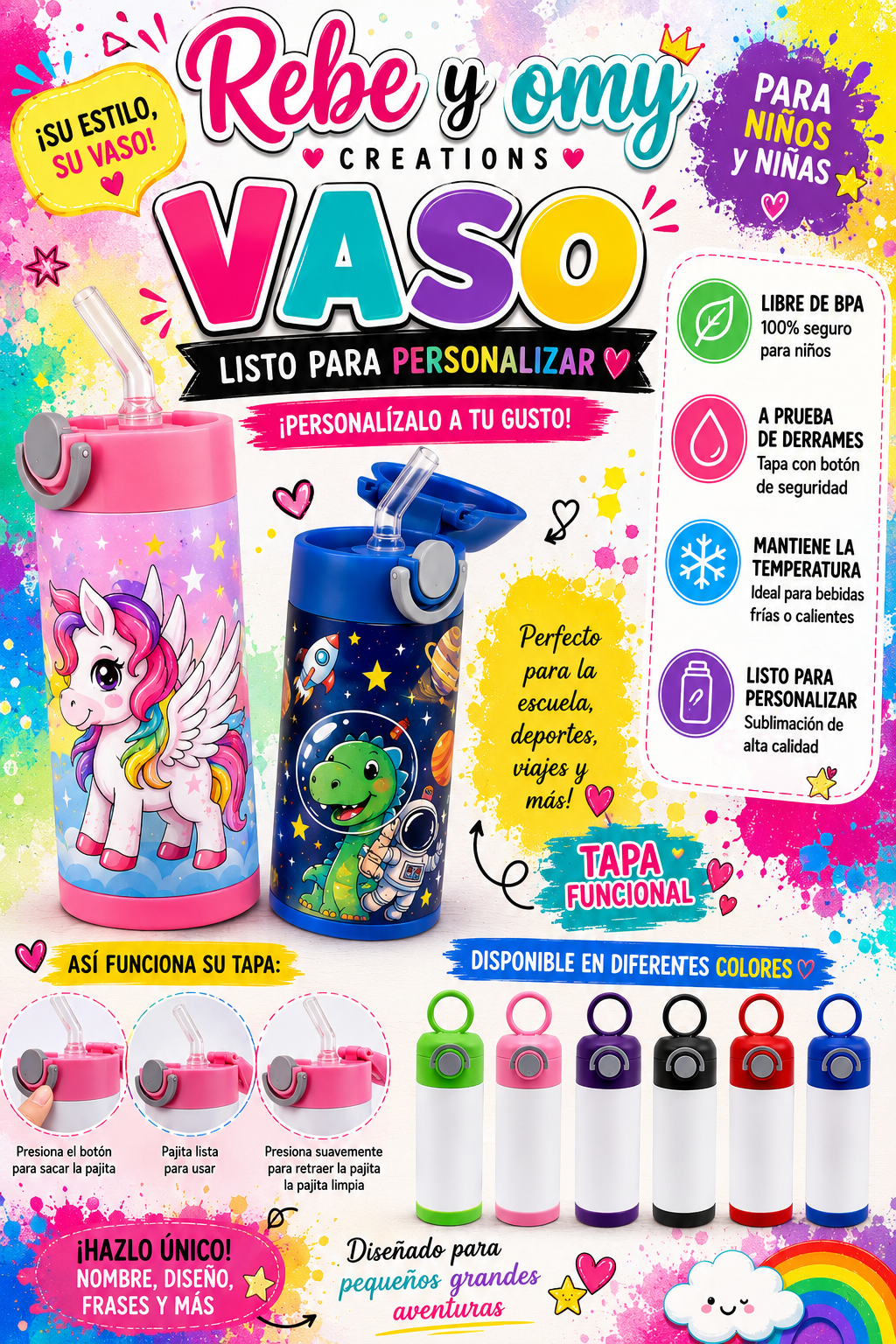 Vaso Térmico Infantil 12 oz Personalizable con Tapa Flip y sorbeto