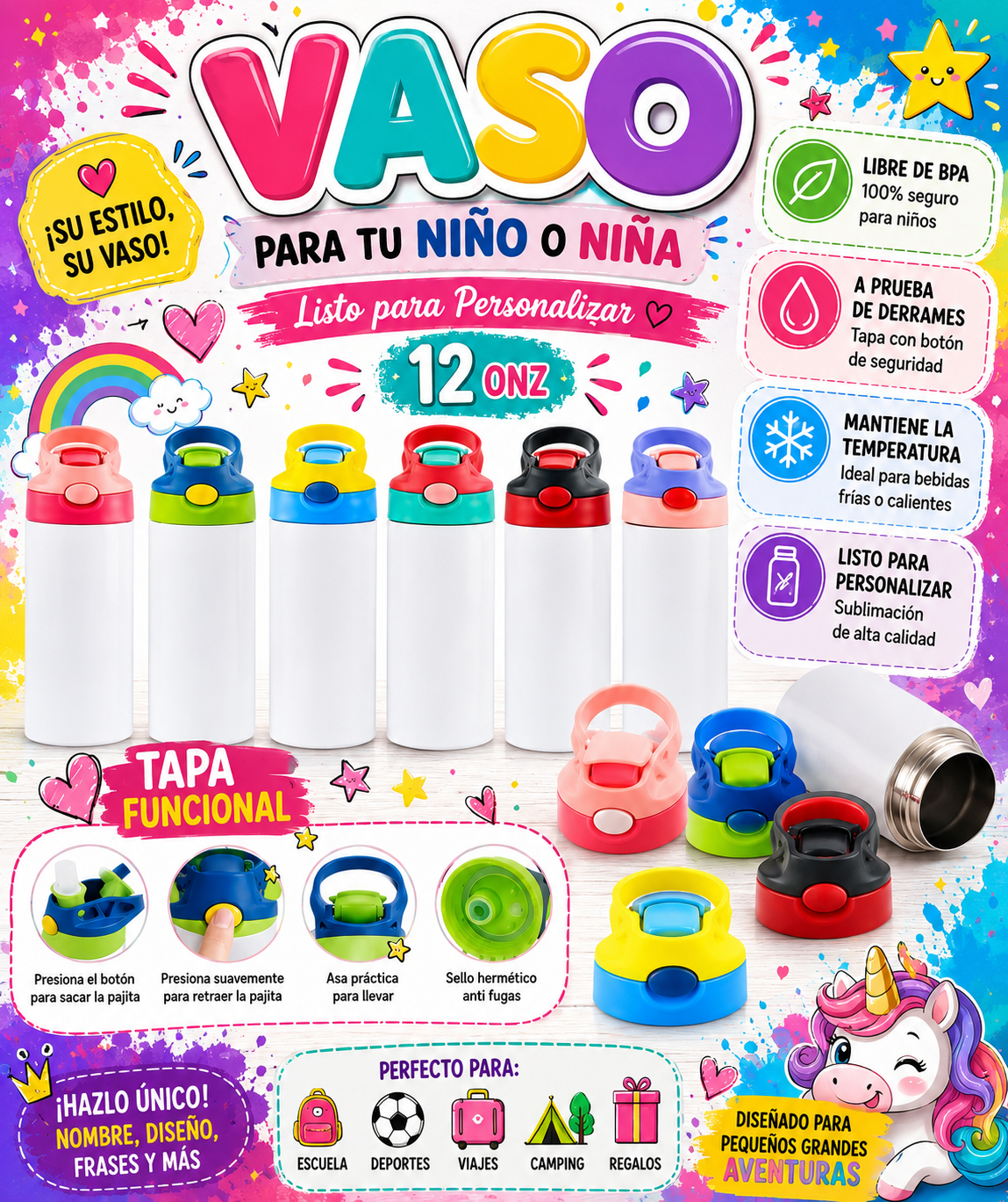 Vaso Térmico Infantil 12 oz listo para Personalizar | Tapa Flip Antiderrames