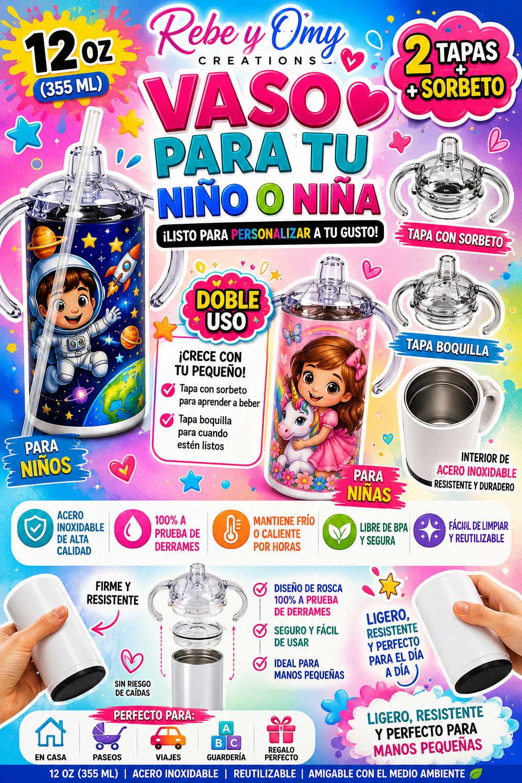 Vaso Infantil 12 oz (Sippy cup) con 2 Tapas y Sorbeto | Acero Inoxidable listo para personalizar a tu gusto