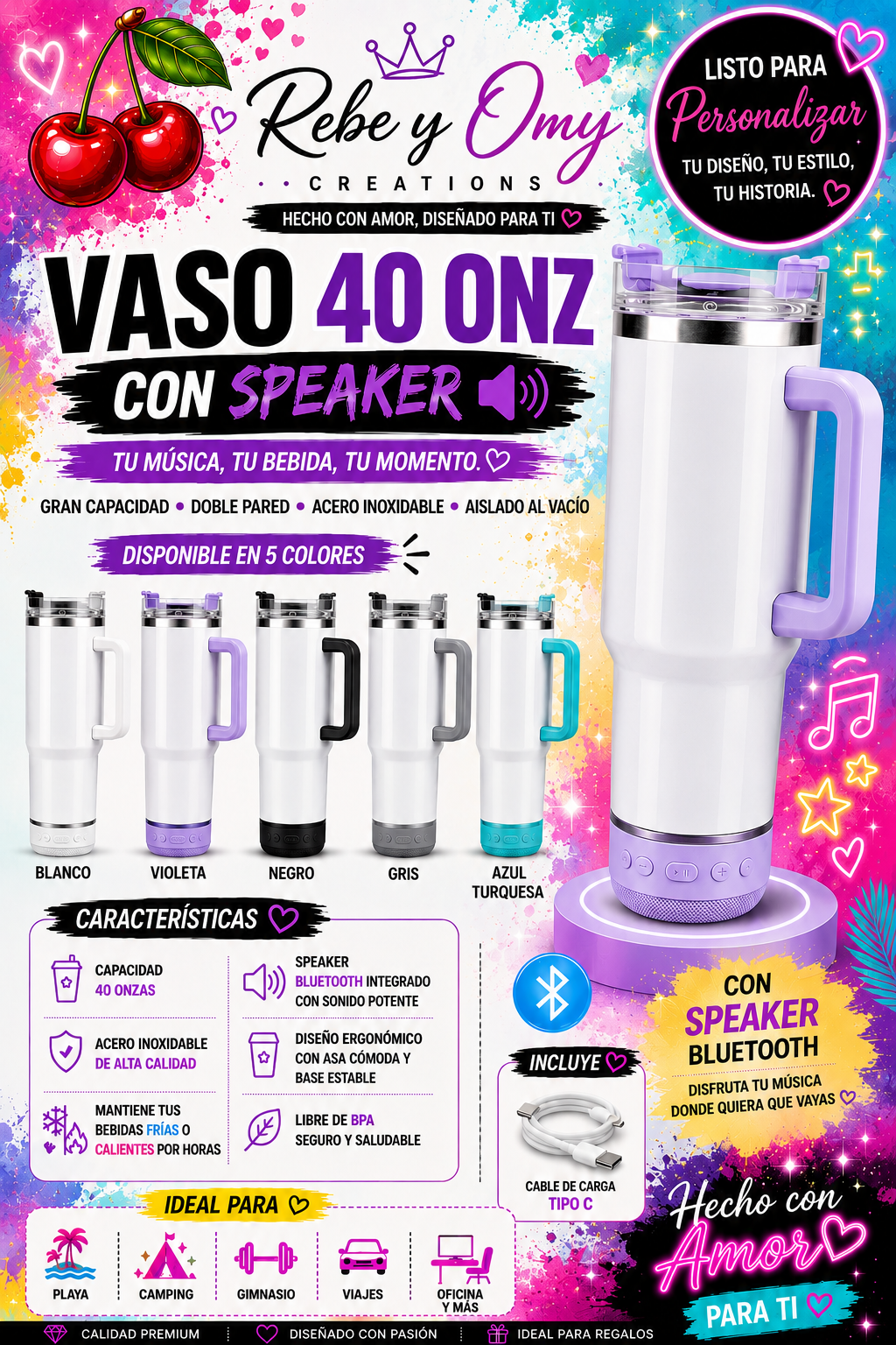Vaso Térmico de 40 oz con Speaker Bluetooth y Asa – Listo para Personalizar a tu gusto