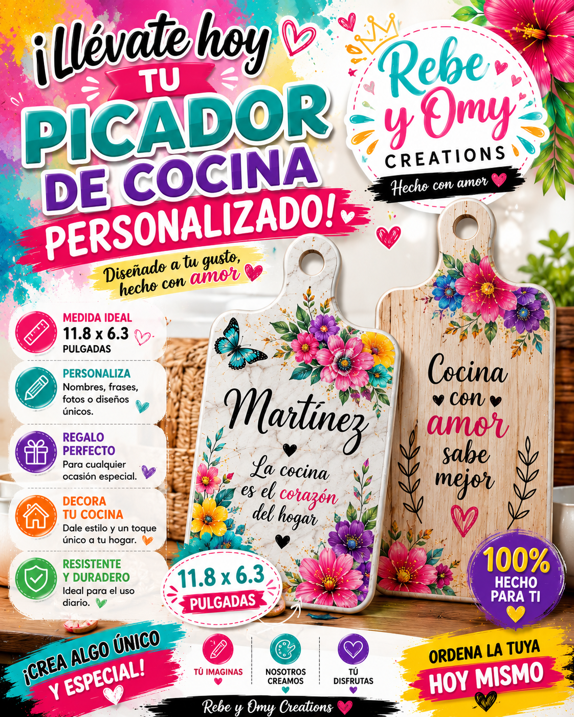 ¡Personaliza tu tabla para picar!       11.8 × 6.3 pulgadas
Diseñada a tu estilo, hecha especialmente para ti.